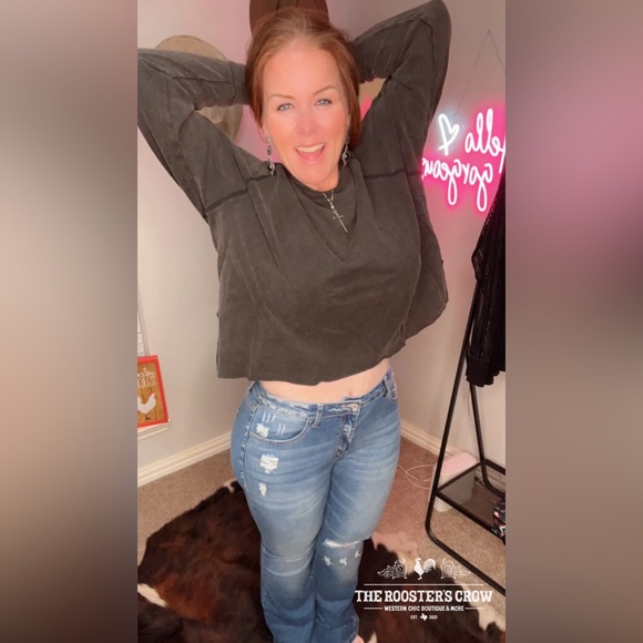 Mineral Wash Black Crop Sweatshirt with Lattice Back - Picture 2 of 4